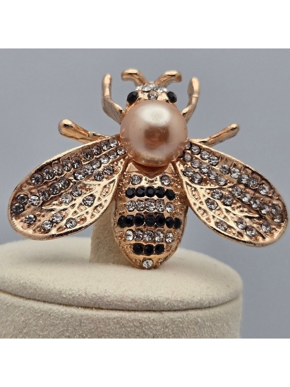 Delicate Gold Bee Brooch Faux Pearl & Rhinestones